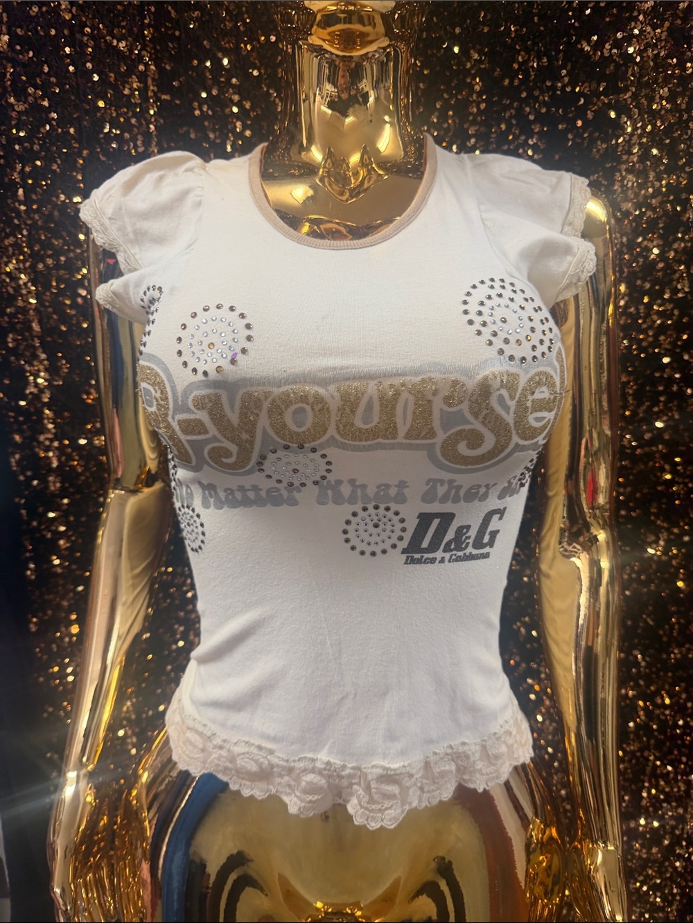 D&G White Crystal-Stud Lace-Hem Graphic Crop Tee